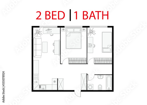 Plan floor apartment two bedroom. Studio, two bedroom layout floor plan. Interior design elements kitchen, bedroom, bathroom with furniture. Vector floorplan living room. Architectural plan.