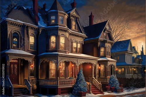 This row of traditional, Victorian style, wood-siding homes are beautifully and tastefully decorated for the Holiday Season. Please view my portfolio for other Christmas Lights images. Generative AI