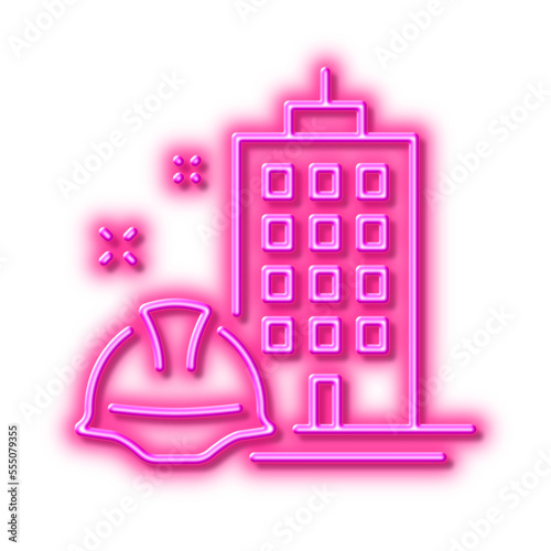 Construction building line icon. Engineer or architect helmet sign. Neon light effect outline icon.