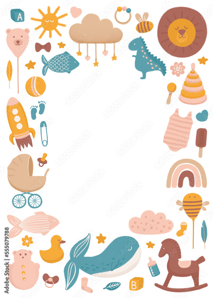custom made wallpaper toronto digitalKids toy animals frame template for boy or girl. Cute blue yellow pink baby doodle. Nursery border for baby shower card, birthday invitation, poster, scrapbooking