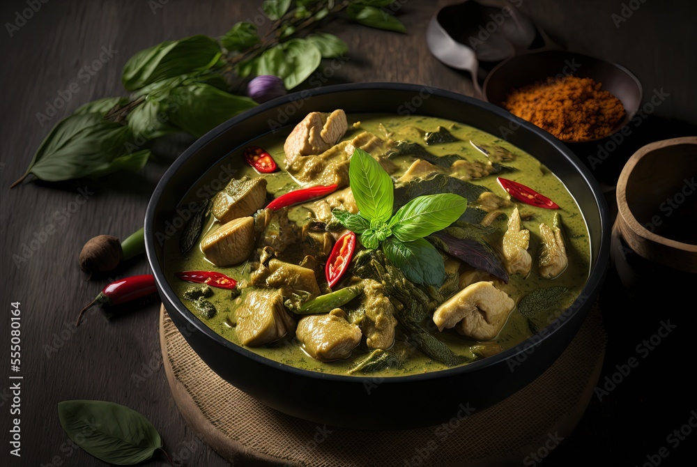 illustration of close-up Thai cuisine popular dish, Green curry illustration of close-up Thai cuisine popular dish, Green curry