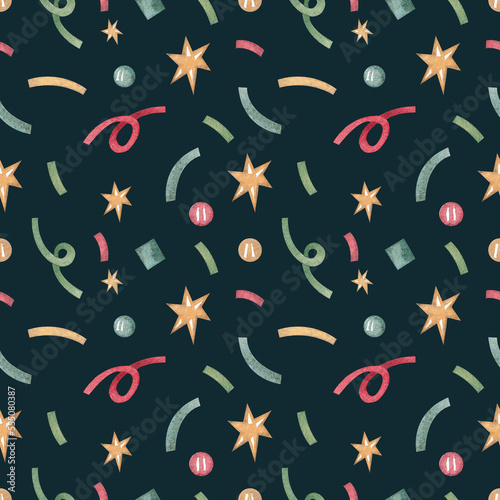 Christmas seamless pattern with stars and ribbons on a dark green background. Watercolor illustration. Wallpaper. Holiday. New Year. Print on fabric and wrapping paper. Winter. Season. Art. Design. © Valeriia