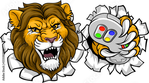 A lion gamer with video game controller sports team animal mascot