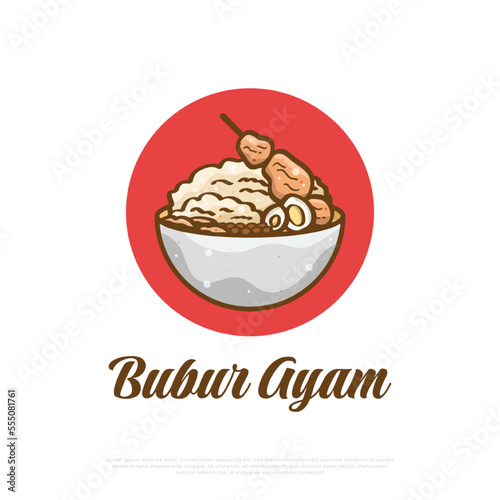 Bubur Ayam or Rice Porridge with Shredded Chicken, Eggs, and Meatballs. Asian Food Illustration