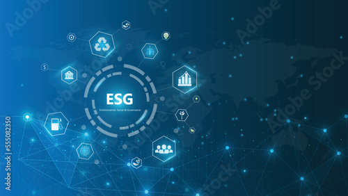 Sustainable business on networked connection vector illustration on blue color background. ESG icon concept .Environmental,Social and Corporate Government.