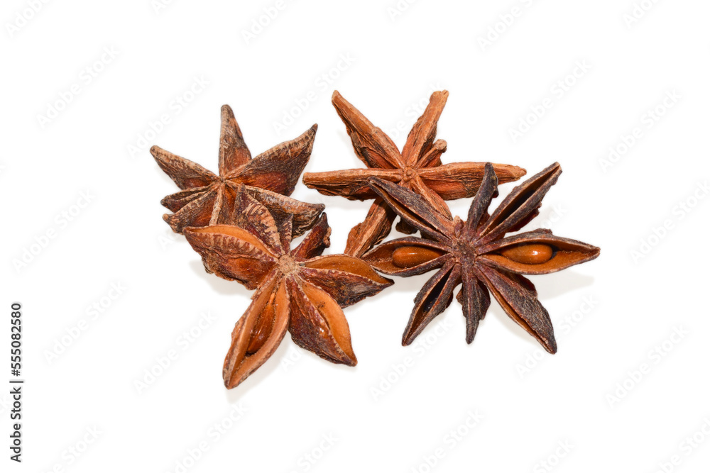 Close-up of star anise, Star aniseed ( illicium verum) isolated on white background Close-up of star anise, Star aniseed ( illicium verum) isolated on white background