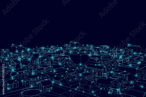 Outline of a city made of blue lines with glowing lights made of blue lines isolated on a dark background. Vector illustration.