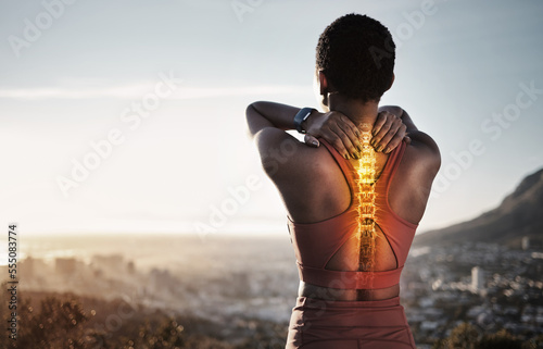 Spine injury, skeleton and back pain of fitness woman on mountains with sky background for sports exercise. Athlete, backache and red body bones for first aid emergency, joint pain and muscle anatomy photo