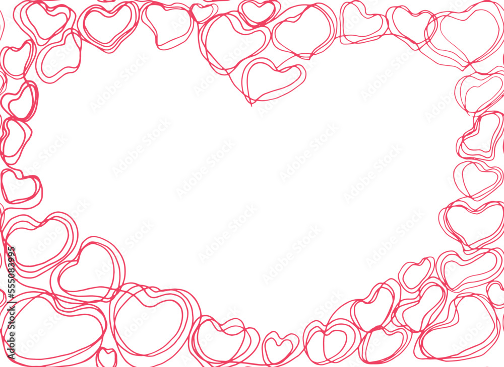 Cute pink frame of heart with contour linear hearts. Vector seamless template for your design, greeting cards, posters. Romantic print isolated on white background. Spring Saint Valentine's Day design