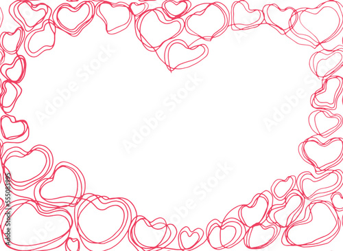 Cute pink frame of heart with contour linear hearts. Vector seamless template for your design, greeting cards, posters. Romantic print isolated on white background. Spring Saint Valentine's Day design