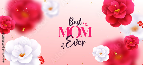 Mother's day vector design background. Mother's day best mom ever text with camellia and rose flower elements for international celebration. Vector Illustration. 