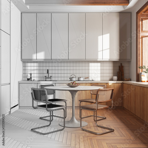 Architect interior designer concept: hand-drawn draft unfinished project that becomes real, wooden kitchen and dining room. Cabinets and table with chair. Farmhouse style