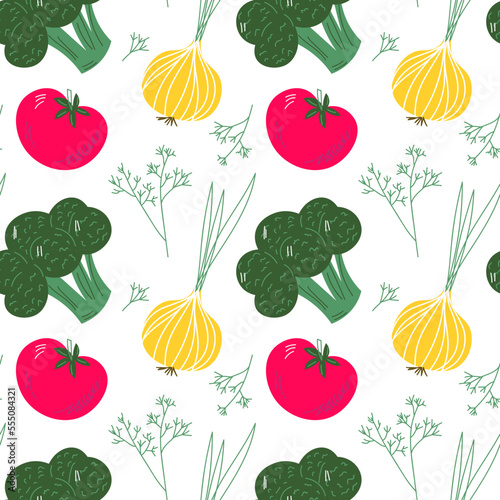 Seamless pattern with hand drawn red and green vegetables. Flat tomato, broccoli. Vegetarian healthy food vector texture. Vegan, farm, organic, detox EPS