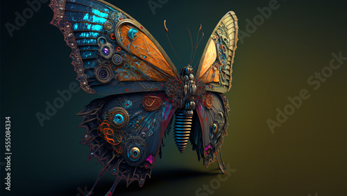 Fotografie, Obraz cyber butterfly isolated on colorful background, steampunk, cyberpunk, metal, fa
