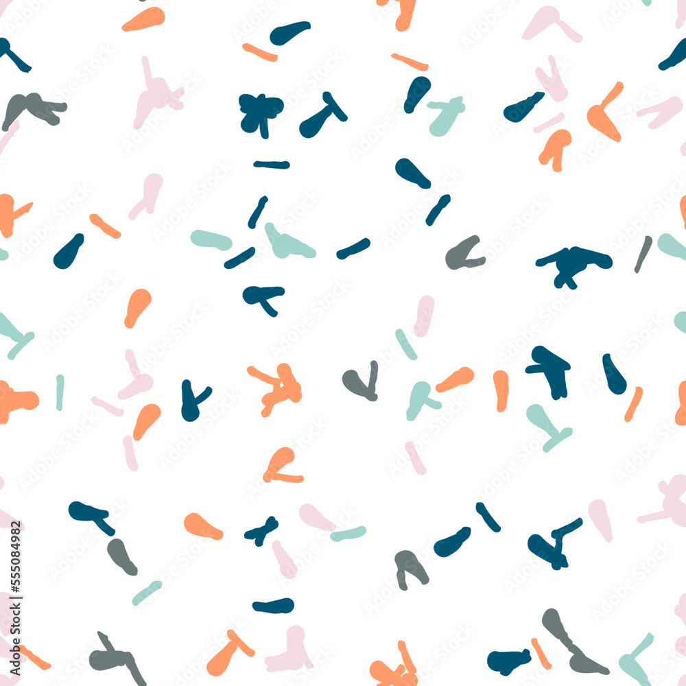 Vector organic seamless abstract background, party confetti pattern. Colorful pastel colored mosaic of simple shapes on white background.