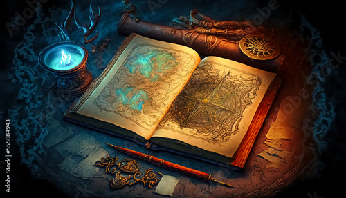 Fantasy background with ancient magic book and map