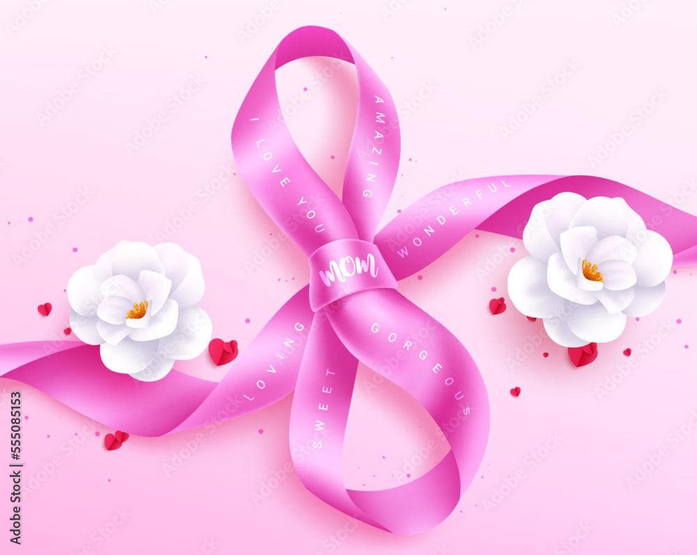 Happy mother's day vector design. Mother's day march 8 international celebration with number eight pink ribbon and flowers for invitation card. Vector Illustration.
