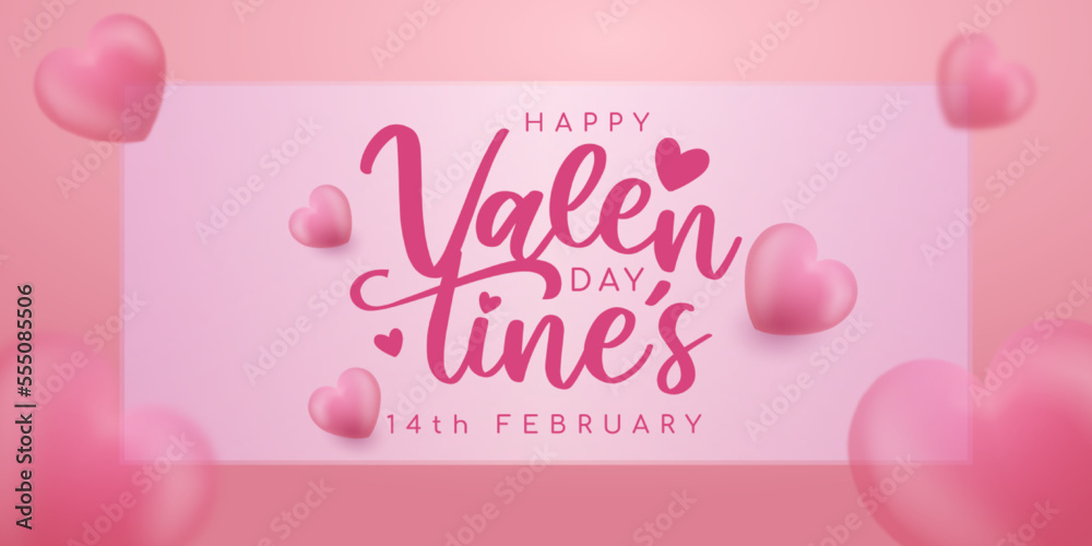Realistic banner valentine's day with 3d heart shaped on square glass background