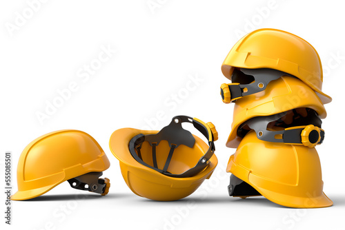 Heap of safety helmets or hard caps for carpentry work on white background