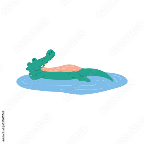Cartoon Color Character Mascot Cute Crocodile Lying in Blue Water Flat Design Style. Vector illustration of Alligator