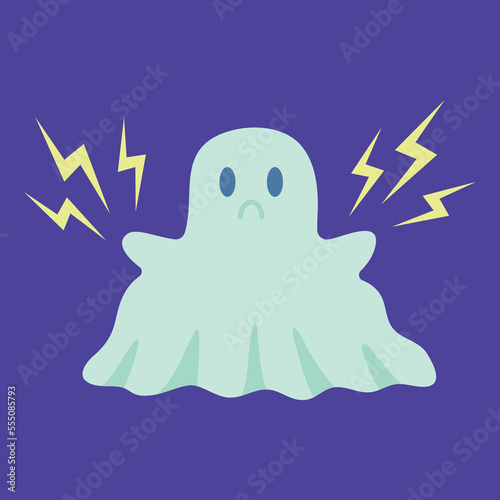 Cartoon Color Character Mascot Fly Ghost Lightning Strike Concept Flat Design Style. Vector illustration of Thunderbolt