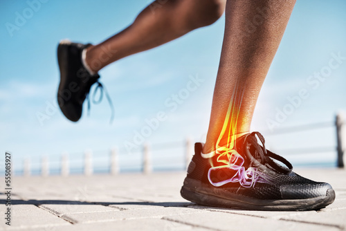 Running shoes, legs or skeleton bone glow in workout, training or exercise with anatomy pain, body stress or joint burnout. Zoom, runner or sports woman with ankle injury and 3d futuristic abstract photo