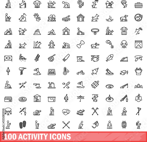 100 activity icons set. Outline illustration of 100 activity icons vector set isolated on white background