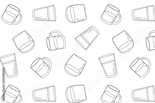 doodle pattern with mugs, glasses, background with icons of glasses. collection for food store, poster, banner with white background and black lines