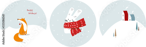 New Year's cute hare, fox and tiger in a scarf. For stickers, postcards and posters. Happy Holidays.