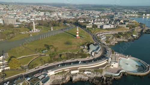 Aerial, approaching Plymouth Hoe in Devon, UK.