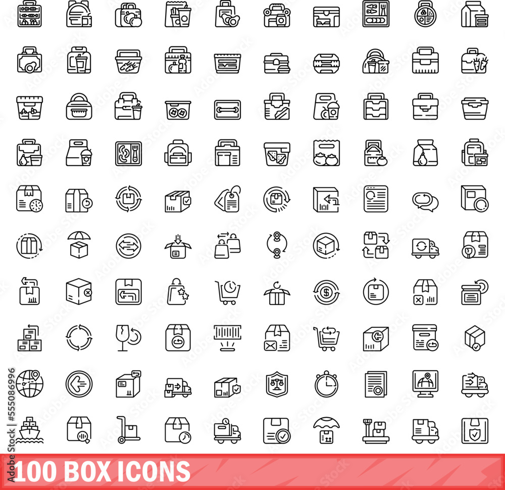 100 box icons set. Outline illustration of 100 box icons vector set isolated on white background 100 box icons set. Outline illustration of 100 box icons vector set isolated on white background