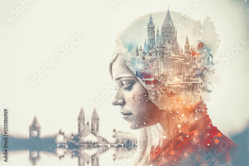 Double Exposure Dopplbelichtung Frau Portrait Landschaft Weihnachtliche Stimmung Festlich AI Digital Art Illustration Generative AI