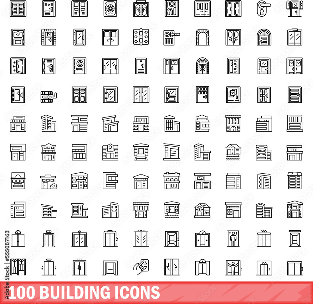 100 building icons set. Outline illustration of 100 building icons vector set isolated on white background 100 building icons set. Outline illustration of 100 building icons vector set isolated on white background