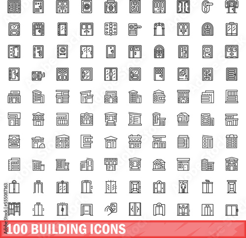 100 building icons set. Outline illustration of 100 building icons vector set isolated on white background