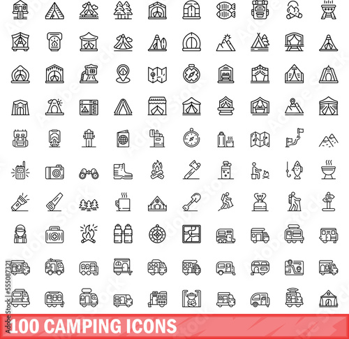100 camping icons set. Outline illustration of 100 camping icons vector set isolated on white background