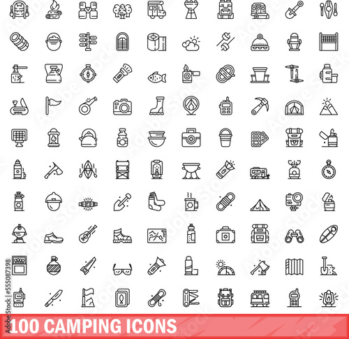 100 camping icons set. Outline illustration of 100 camping icons vector set isolated on white background