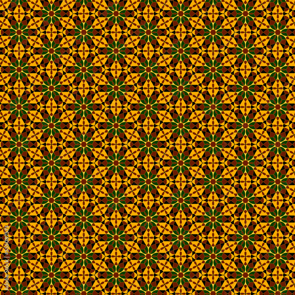 Abstract mosaic pattern with floral and geometric motifs in warm autumn colors Abstract mosaic pattern with floral and geometric motifs in warm autumn colors