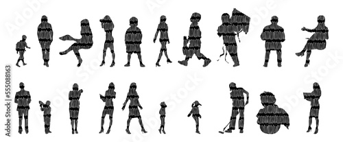 Vector illustration, Outline silhouettes of people, Contour drawing, people silhouette, Icon Set Isolated , Silhouette of sitting people, Architectural set	