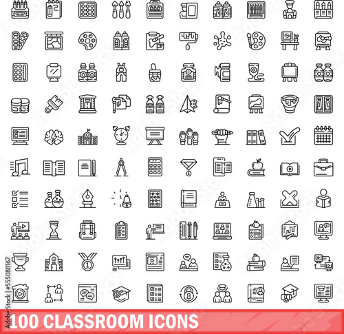 100 classroom icons set. Outline illustration of 100 classroom icons vector set isolated on white background