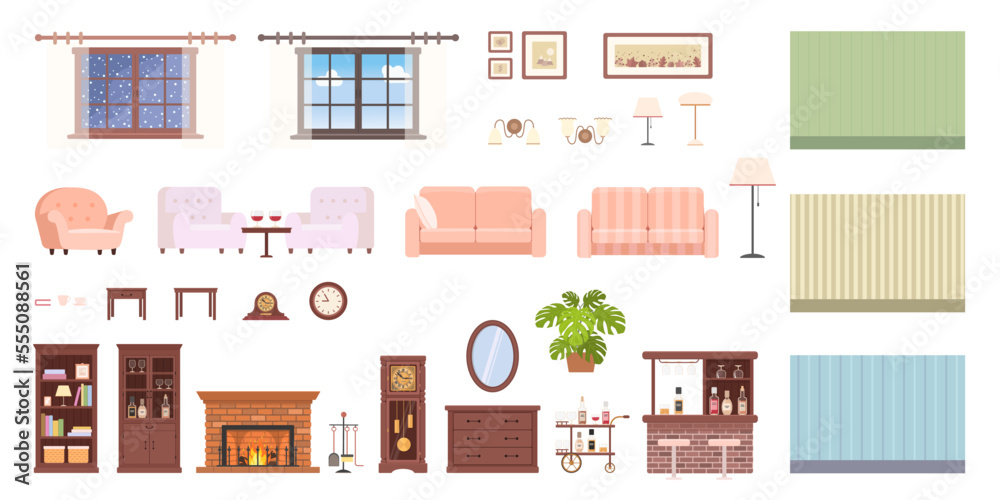 Interior constructor. Set of mahogany furniture, cozy armchairs, fireplace and grandfather clock. Home interior concept. Cartoon flat style. Vector illustration