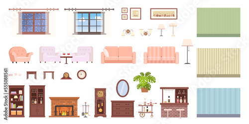 Interior constructor. Set of mahogany furniture  cozy armchairs  fireplace and grandfather clock. Home interior concept. Cartoon flat style. Vector illustration