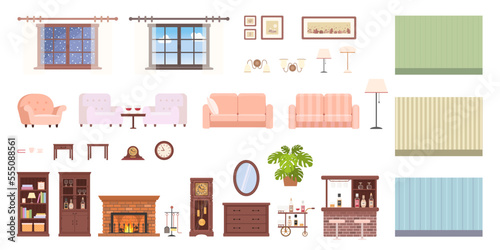 Interior constructor. Set of mahogany furniture, cozy armchairs, fireplace and grandfather clock. Home interior concept. Cartoon flat style. Vector illustration