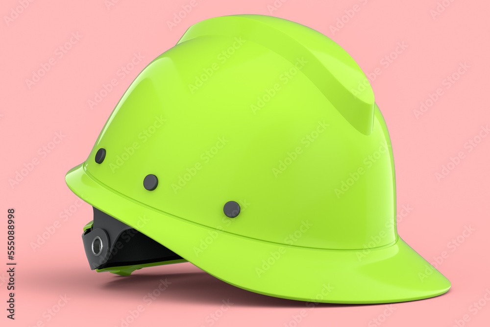Fototapeta premium Green safety helmet or hard cap isolated on pink background