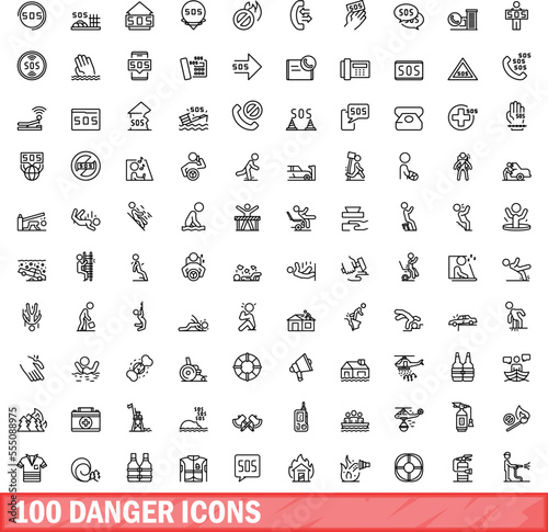 100 danger icons set. Outline illustration of 100 danger icons vector set isolated on white background