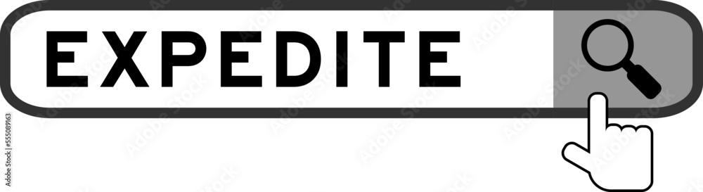 Search banner in word expedite with hand over magnifier icon on white background Search banner in word expedite with hand over magnifier icon on white background