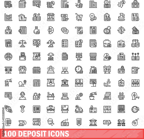 100 deposit icons set. Outline illustration of 100 deposit icons vector set isolated on white background