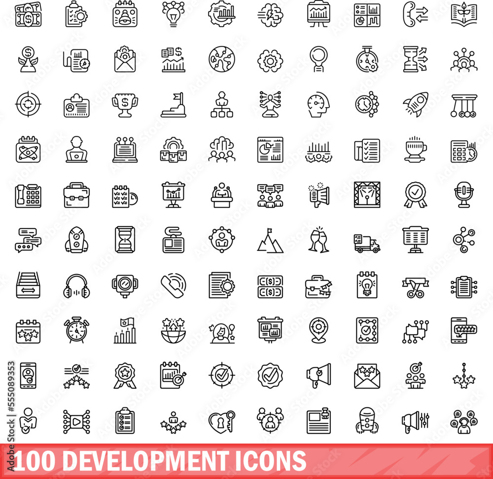 100 development icons set. Outline illustration of 100 development icons vector set isolated on white background