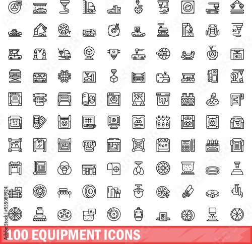 100 equipment icons set. Outline illustration of 100 equipment icons vector set isolated on white background