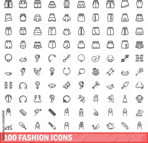 100 fashion icons set. Outline illustration of 100 fashion icons vector set isolated on white background