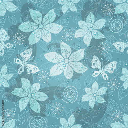 Gentle vector gray-blue spring pattern with flowers, butterflies and leaves.